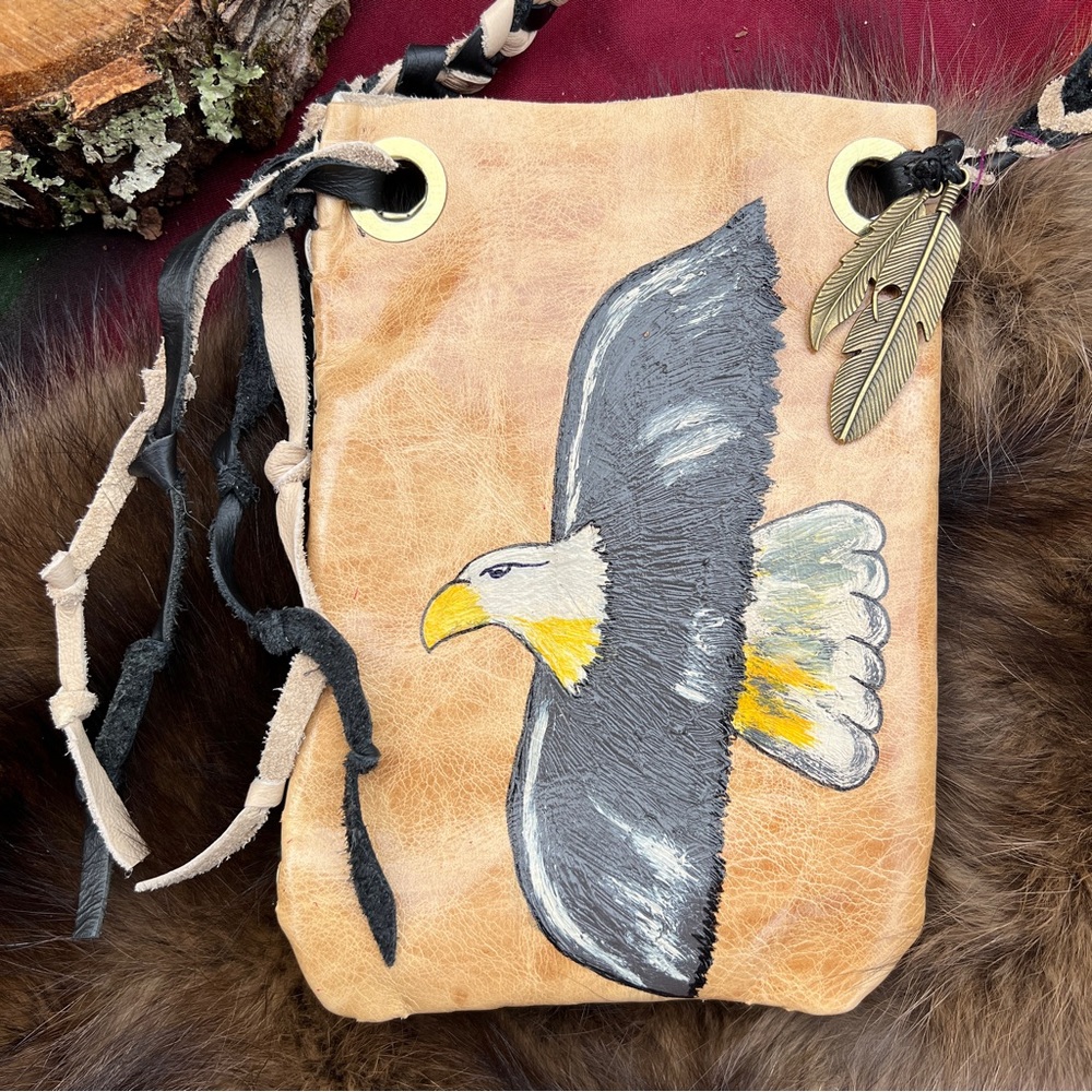 Hand painted Eagle Spirit Animal Leather Medicine Pouch